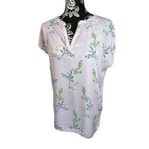 Loft Purple Green Teal Floral V Neck Cap Sleeve Blouse Top M
